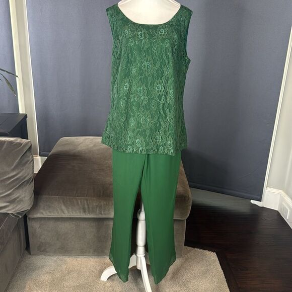 Women’s Green Lace & Chiffon 3 Piece Formal Pant Suit Mother of the Bride 16 NEW - Picture 7 of 15
